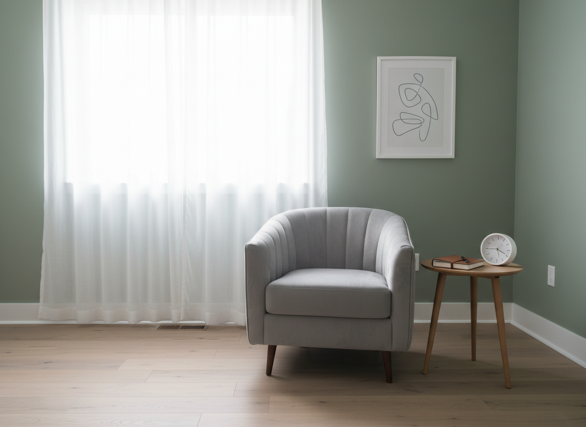 A calm, sensory-friendly psychiatric evaluation room designed for adolescents, featuring a large, soft gray armchair with a textured fabric surface, accompanied by a small round side table holding a closed journal and a simple analog clock with a white face. The walls are painted a muted sage green, and a framed, abstract line drawing in monochrome adds understated decor. Natural daylight enters through a high window with sheer white curtains, creating a diffused, tranquil glow and almost imperceptible shadows. Captured at eye level with photographic realism and moderate depth of field, the composition emphasizes open space and uncluttered surroundings, evoking safety, confidentiality, and emotional balance.
