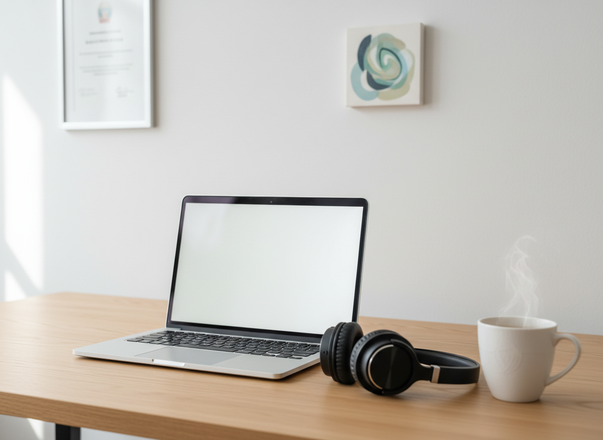 A close-up of a minimalist workspace used for online psychiatric consultations, featuring a slim silver laptop displaying a blank, softly glowing screen, high-quality over-ear headphones resting neatly beside it, and a ceramic cup of herbal tea on a light oak desk. Behind, a simple white wall holds a framed diploma and a small, tasteful abstract print in muted blues and greens. Soft, indirect daylight comes from the left, creating delicate reflections on the laptop surface and a calm, balanced atmosphere. Photographed with photographic realism at a three-quarter angle, with a shallow depth of field that keeps the foreground crisp and the background gently blurred, evoking professionalism and technological reliability.