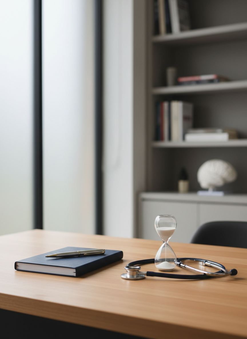 A neatly organized psychiatrist’s desk in a quiet, modern consulting room, featuring a closed navy-blue notebook, a high-quality silver pen, and a sleek stethoscope resting beside a small sand timer. The desk surface is warm light wood, positioned near a large frosted window that lets in soft, diffused daylight, creating gentle, calming shadows. In the blurred background, shelves with medical books and a discreet model of the human brain add professional context. Photographed at eye level with a shallow depth of field and photographic realism, the composition is clean and balanced, conveying a sense of trust, professionalism, and focused attention suitable for a psychiatric practice website.