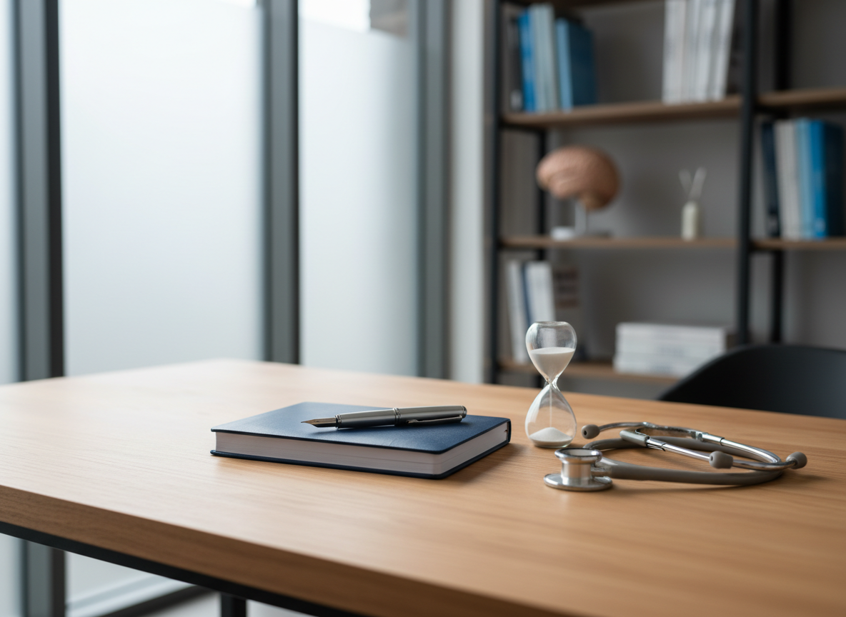 A neatly organized psychiatrist’s desk in a quiet, modern consulting room, featuring a closed navy-blue notebook, a high-quality silver pen, and a sleek stethoscope resting beside a small sand timer. The desk surface is warm light wood, positioned near a large frosted window that lets in soft, diffused daylight, creating gentle, calming shadows. In the blurred background, shelves with medical books and a discreet model of the human brain add professional context. Photographed at eye level with a shallow depth of field and photographic realism, the composition is clean and balanced, conveying a sense of trust, professionalism, and focused attention suitable for a psychiatric practice website.
