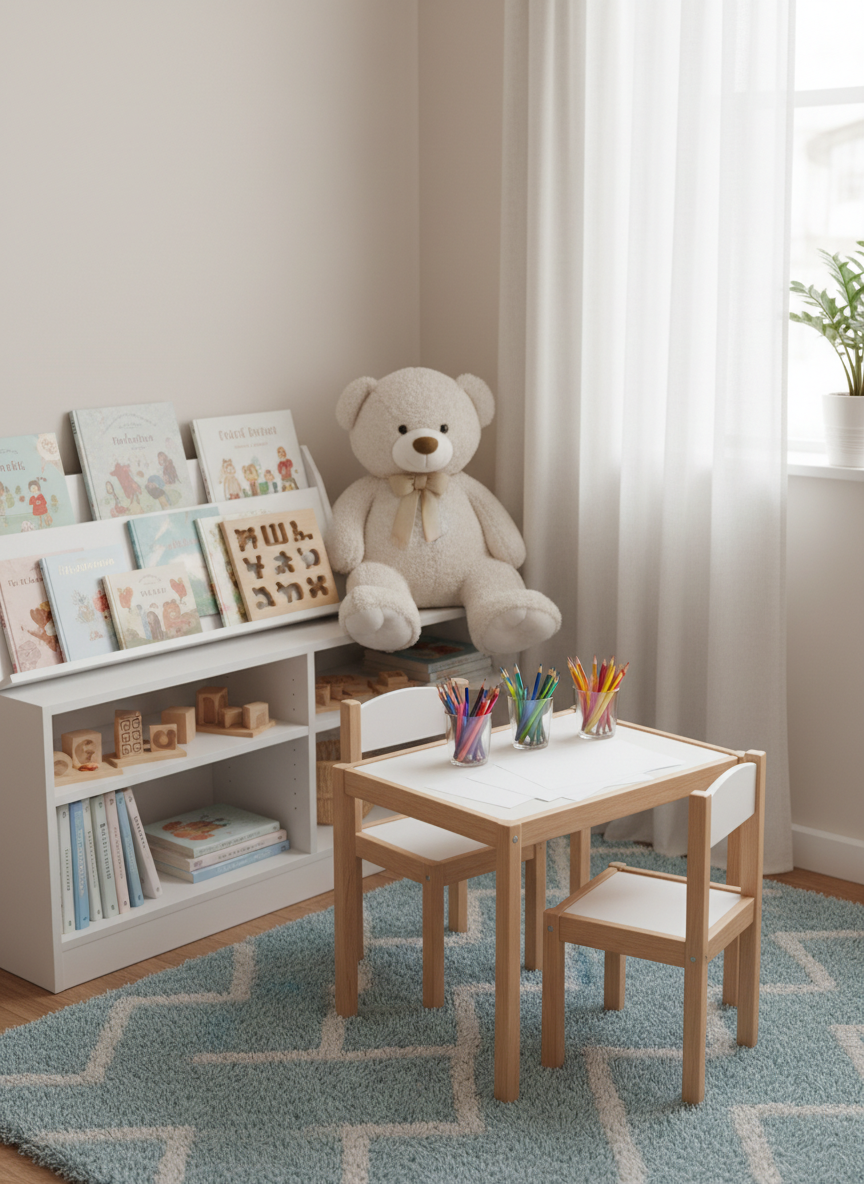 A serene corner of a child-friendly psychiatric office, featuring a low white bookshelf filled with neatly arranged picture books, wooden puzzles, and a plush, neutral-toned teddy bear sitting upright. The floor is covered by a soft, pale-blue rug with subtle geometric patterns, and a small wooden table holds colored pencils sorted in clear cups and blank drawing sheets. Gentle natural light filters through sheer curtains, casting soft highlights and almost no harsh shadows. Captured from a slightly elevated angle with photographic realism and a gentle blur to the background, the scene feels safe, inviting, and carefully structured for children’s emotional comfort in a professional setting.