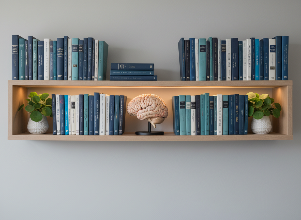 An elegant psychiatric reference library shelf, filled with neatly aligned medical and psychology textbooks in shades of navy, white, and muted teal, some with discreet metallic lettering on their spines. A detailed anatomical model of the human brain in soft, realistic colors sits on a matte black stand, flanked by a small, healthy green plant in a white ceramic pot. The shelf is matte light wood against a smooth, light-gray wall, illuminated by warm but subtle LED strip lighting from above, creating refined highlights and gentle shadows. Photographed straight-on with sharp focus and photographic realism, the composition is symmetrical and orderly, conveying depth of knowledge, scientific grounding, and meticulous care.