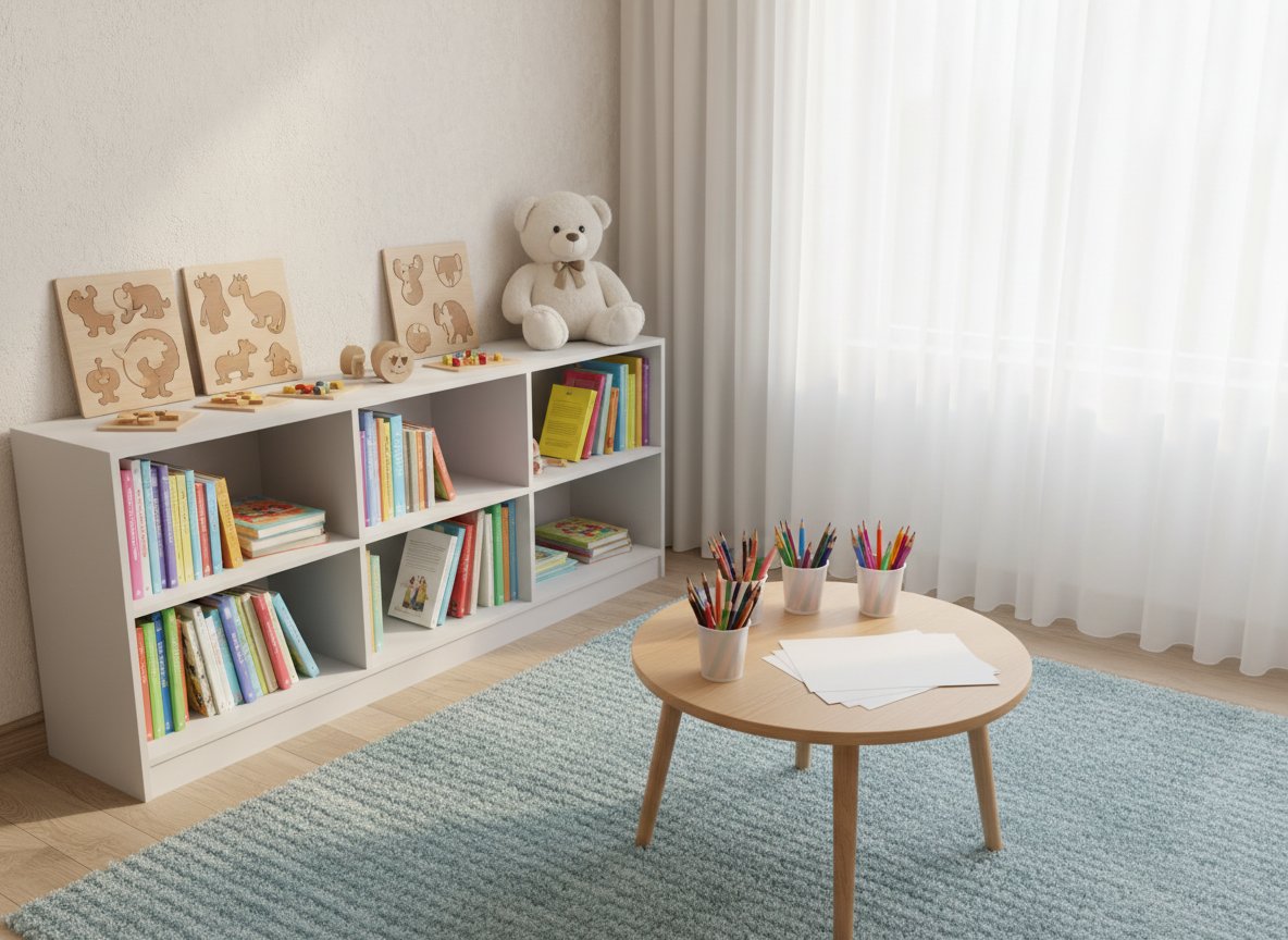 A serene corner of a child-friendly psychiatric office, featuring a low white bookshelf filled with neatly arranged picture books, wooden puzzles, and a plush, neutral-toned teddy bear sitting upright. The floor is covered by a soft, pale-blue rug with subtle geometric patterns, and a small wooden table holds colored pencils sorted in clear cups and blank drawing sheets. Gentle natural light filters through sheer curtains, casting soft highlights and almost no harsh shadows. Captured from a slightly elevated angle with photographic realism and a gentle blur to the background, the scene feels safe, inviting, and carefully structured for children’s emotional comfort in a professional setting.